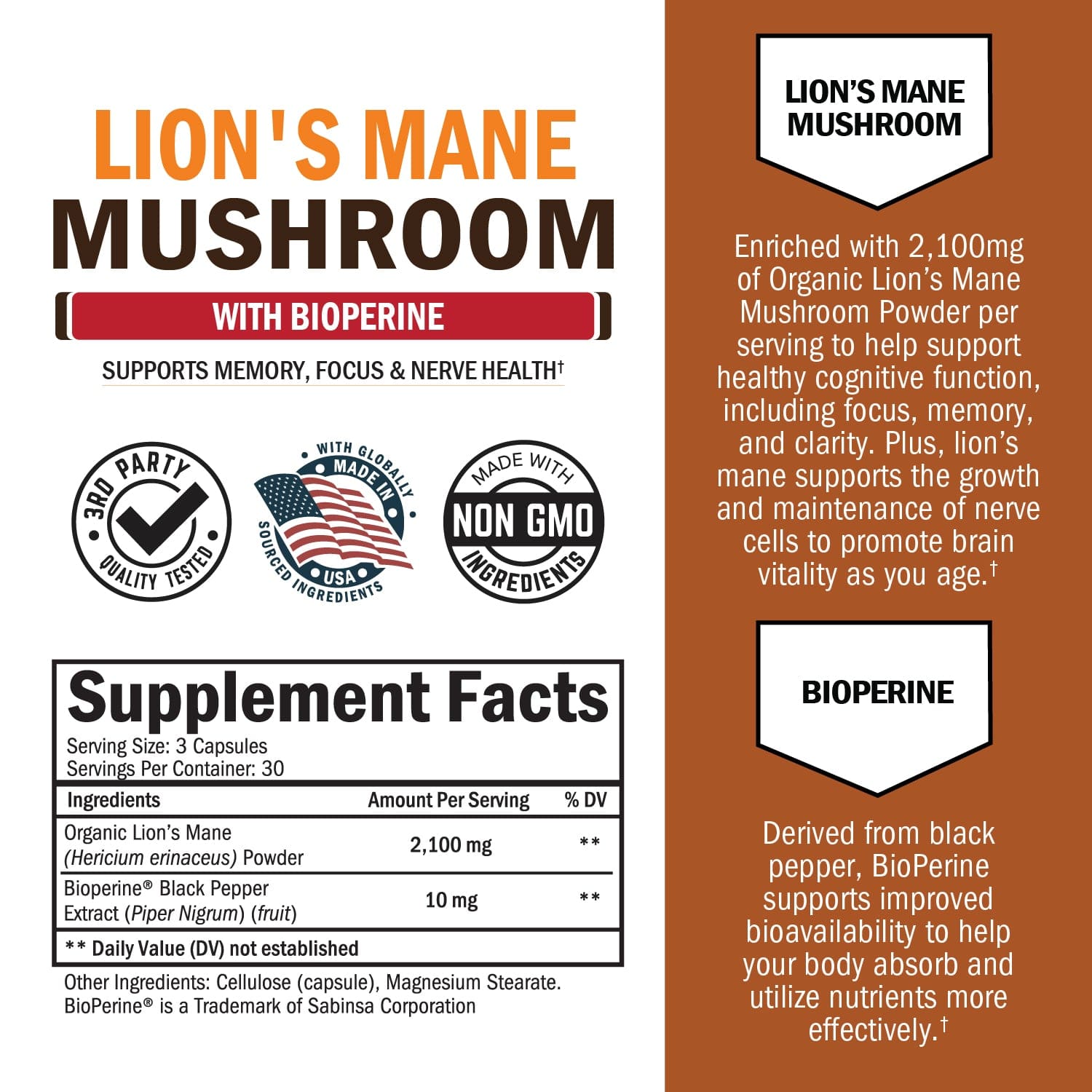Organic Lion's Mane Nootropic: 2100mg Memory & Focus Support with BioPerine