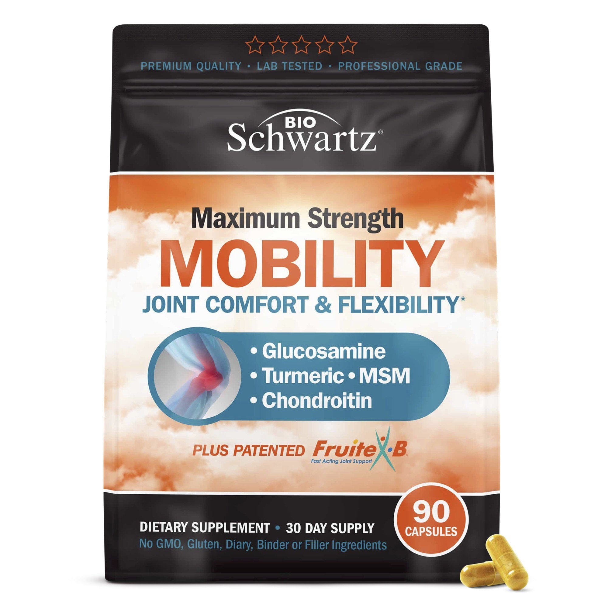 BioSchwartz Maximum Mobility Capsules | Glucosamine MSM + Chondroitin with Turmeric Curcumin | Flexibility + Comfort 90 Ct