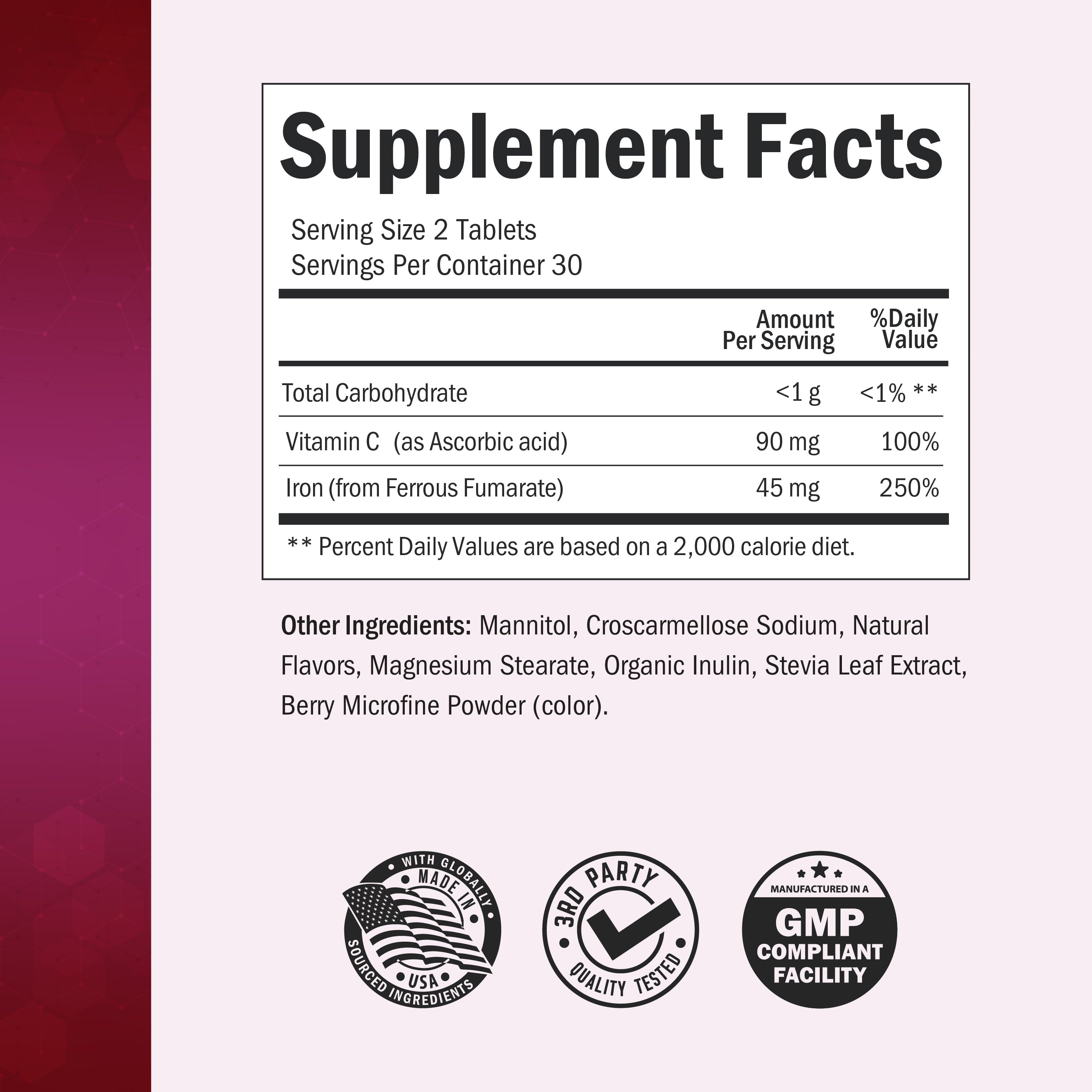 Bariatric Iron + Vitamin C 30 Day Meltable Tablets, 60ct