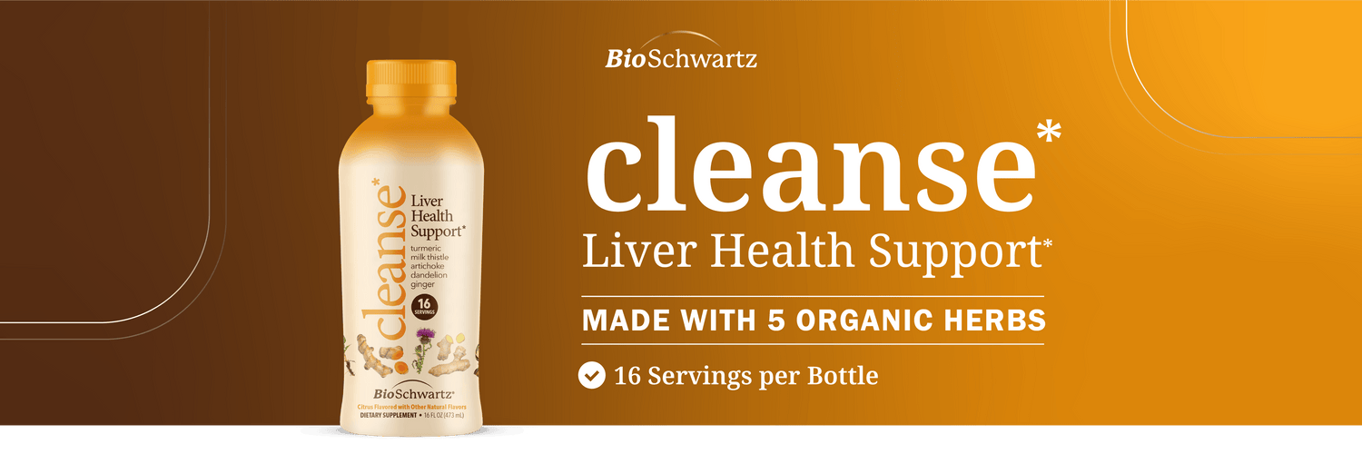 BioSchwartz Cleanse Liver Health Support herbal supplement bottle on a brown and orange gradient background