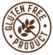 A circular brown graphic badge with the words 'GLUTEN FREE PRODUCT' around a crossed-out wheat leaf icon.