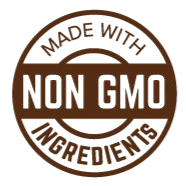 A circular brown graphic badge with the words 'MADE WITH NON GMO INGREDIENTS' 