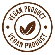 A circular brown graphic badge with the words 'VEGAN PRODUCT' repeated around a central leaf icon.