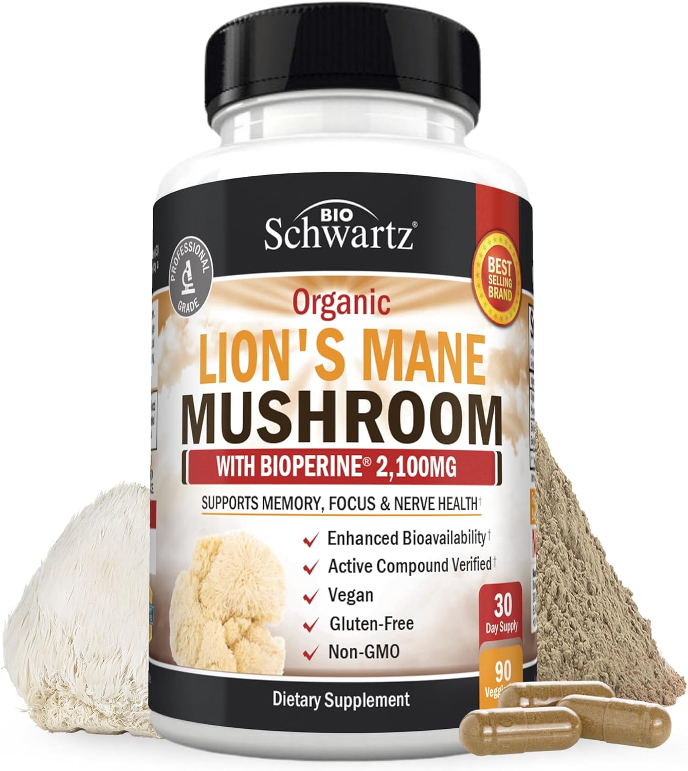 Grow Vitamin Lion's Mane 2100mg – 90 Vegan Caps – Focus, Memory & Immune Support – Organic, Non-GMO