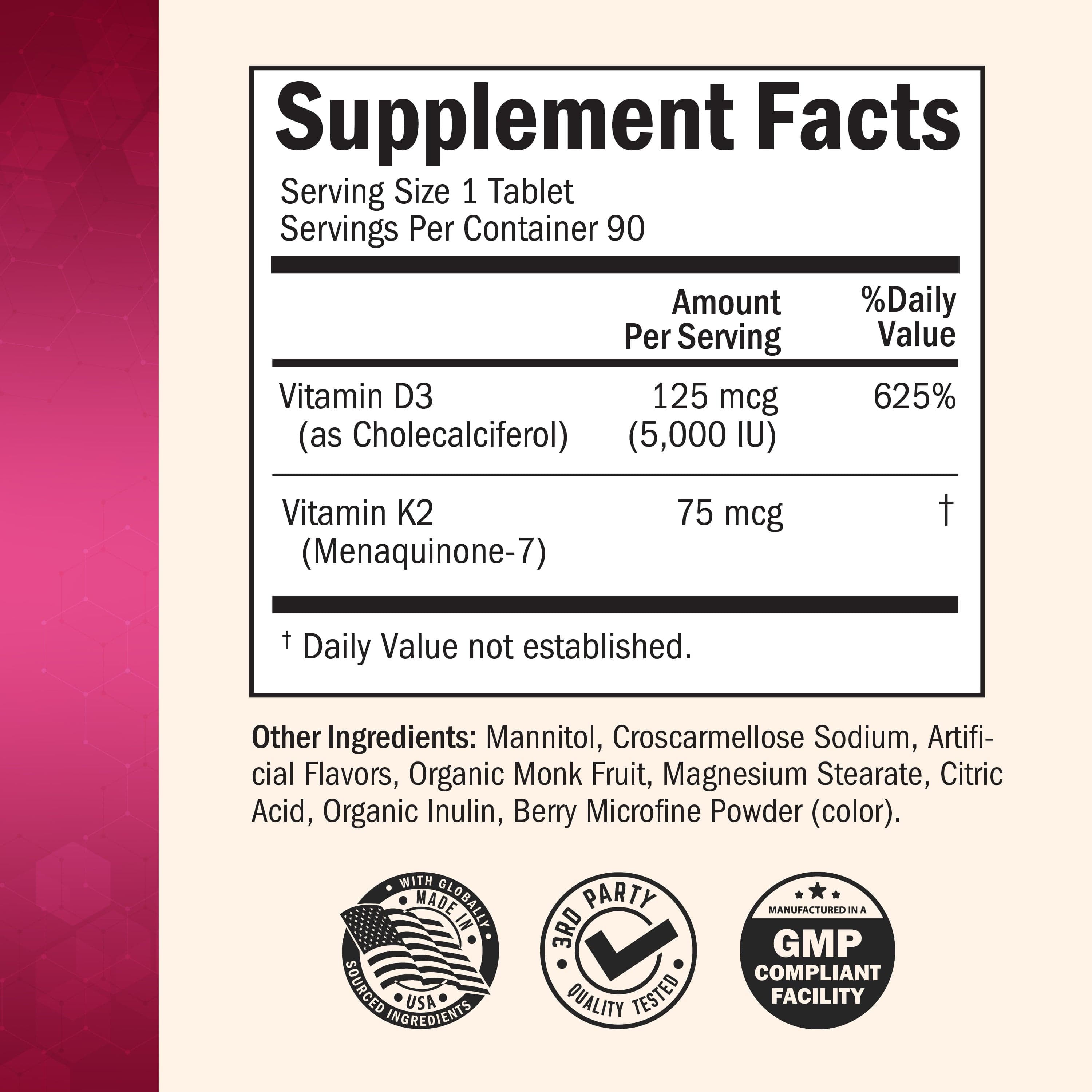 Bariatric Vitamin D3+K2 90 Day Meltable Tablets, 90ct