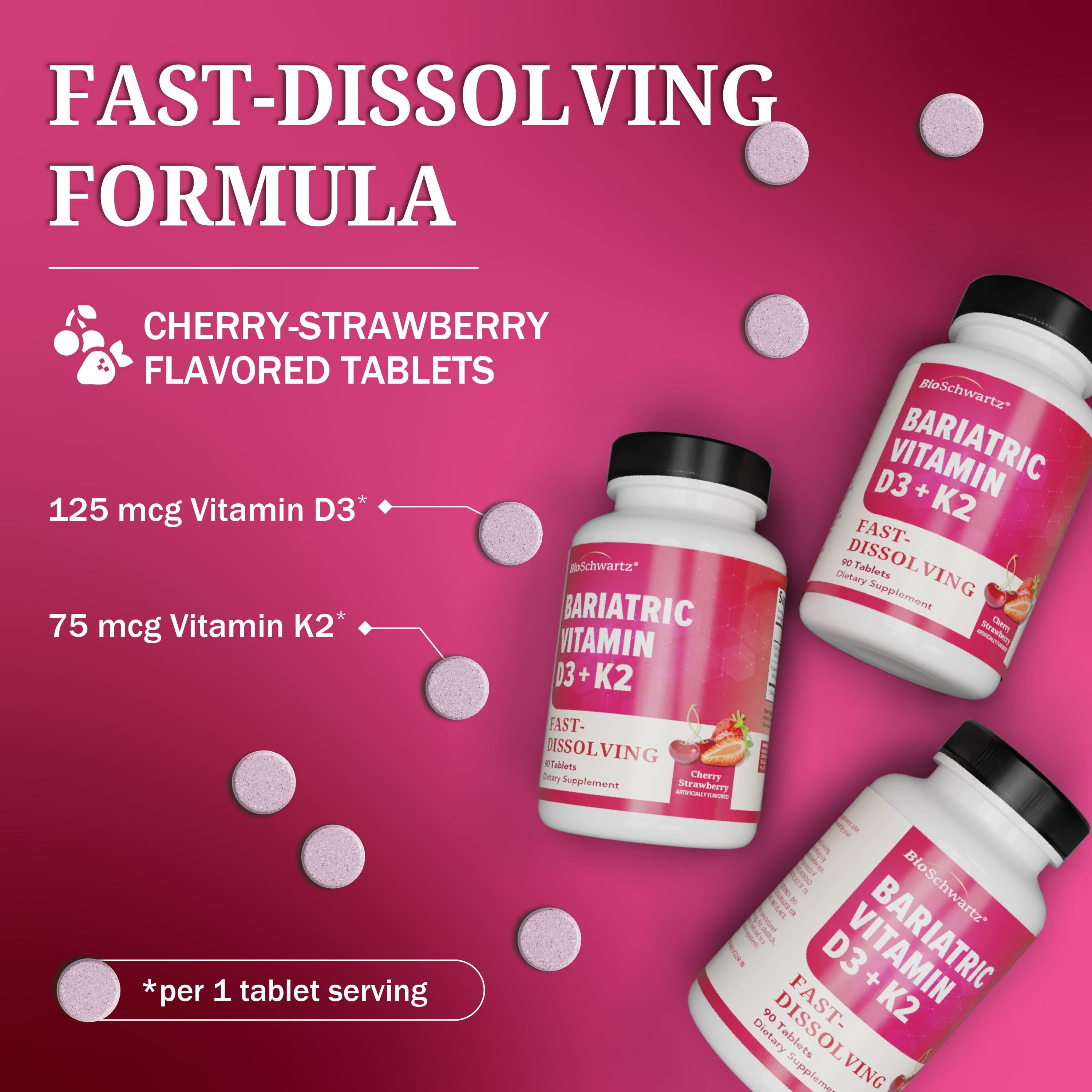 Bariatric Vitamin D3+K2 90 Day Meltable Tablets, 90ct